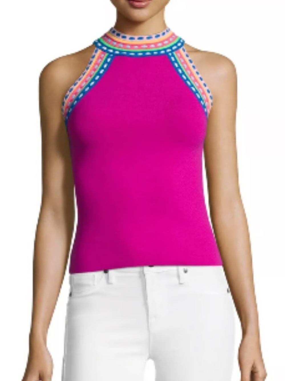 Milly Fuchsia Halter Top with Multicolor Stripe and Dot Trim